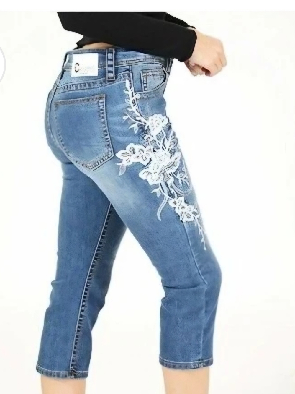 Grace In LA Women’s Mid-Blue Cropped Flare Jeans with White Floral Embroidery